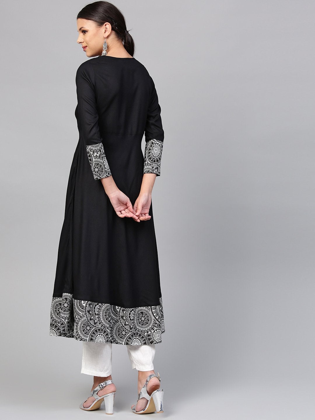 Black abstract-style floral printed 3/4th sleeve & Chinese collar cotton a- line below-knee kurti